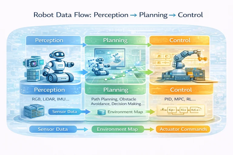 Robot data processing pipeline showing perception sensors, planning algorithms, and control commands that drive robotic actuators.
