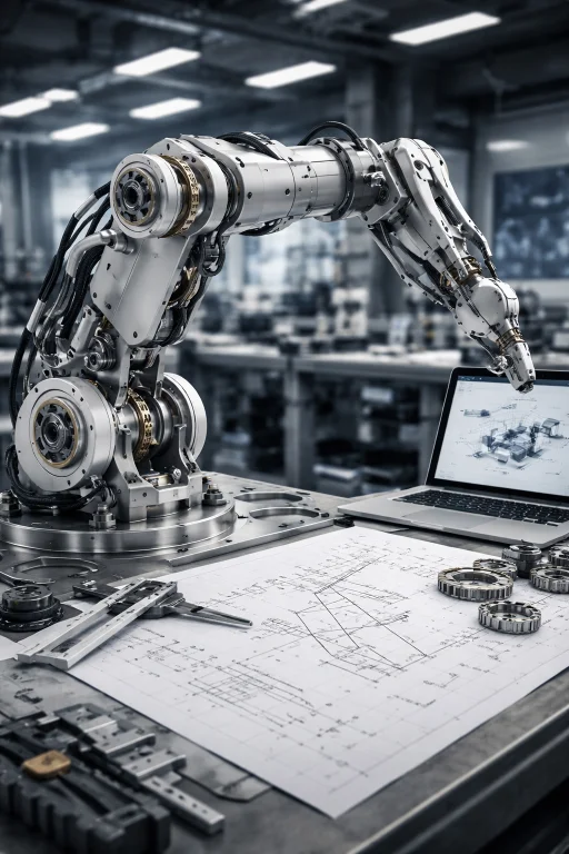 Industrial robotic arm prototype on an engineering workbench with mechanical joints, gears, and digital modeling used in robot kinematics and dynamics.