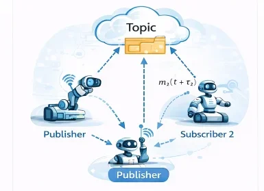 Publish–subscribe communication model in robotics middleware showing a publisher node sending messages to a topic and multiple subscriber nodes receiving those messages asynchronously.
