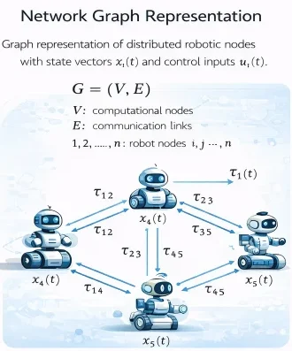 Network graph diagram of distributed robotic nodes connected by communication links representing middleware communication between control processors, sensor nodes, and compute units.