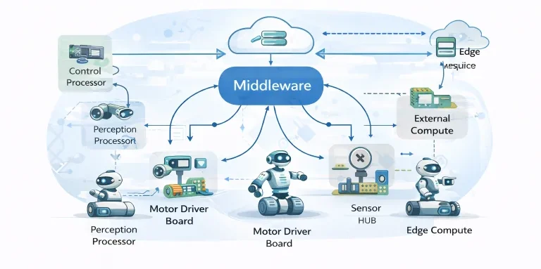 Distributed robotics architecture diagram showing middleware connecting control processors, perception systems, motor drivers, sensor hubs, edge computing nodes, and cloud resources.