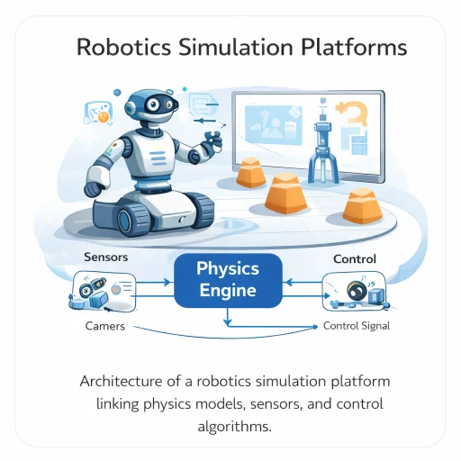 Diagram of a robotics simulation platform showing a virtual robot interacting with a physics engine, sensors, and control algorithms.