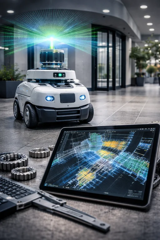 Autonomous mobile robot using LiDAR to scan an indoor environment while building a digital map for SLAM localization and navigation.