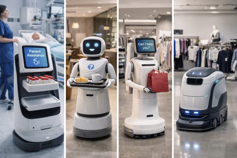 Different types of service robots assisting humans in everyday environments including healthcare, hospitality, retail assistance, and autonomous cleaning.