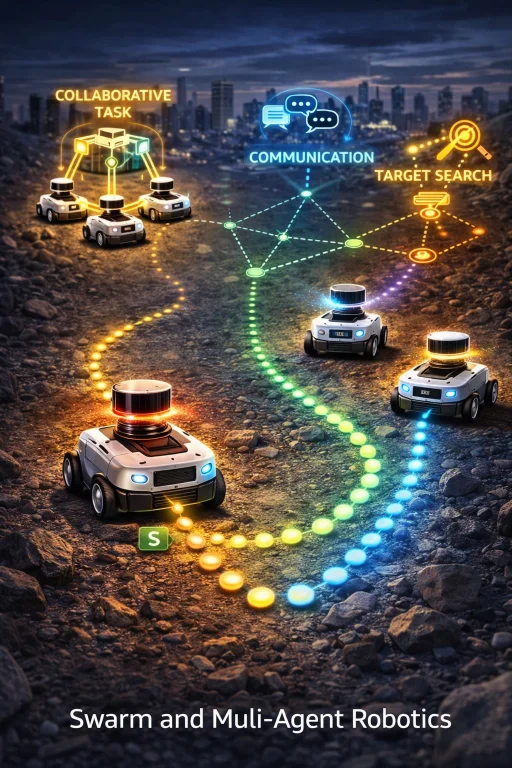 Group of autonomous robots coordinating movements through decentralized communication in a swarm robotics system.