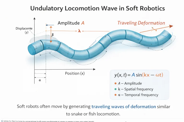 Undulatory locomotion wave in a soft robotic body illustrating amplitude, wavelength, and traveling deformation.