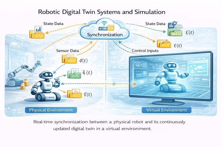Real-time synchronization between a physical robot and its digital twin model exchanging sensor data, state variables, and control inputs.