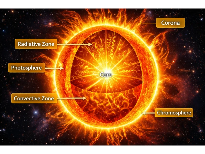 Diagram showing the internal structure of the Sun with labeled layers including core, radiative zone, convective zone, photosphere, chromosphere, and corona