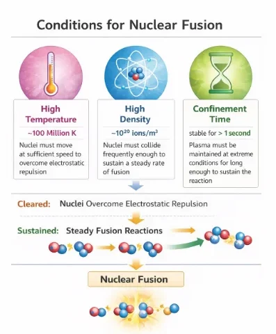 Infographic showing the conditions required for nuclear fusion including high temperature, high density, and confinement time
