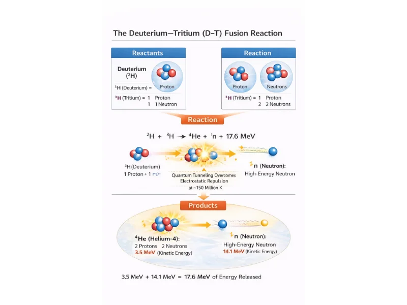 Infographic showing deuterium–tritium nuclear fusion where light nuclei combine to form helium-4, a neutron, and release energy
