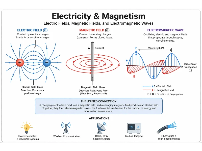 Electric field, magnetic field, and electromagnetic wave diagram showing their interaction and perpendicular propagation of energy