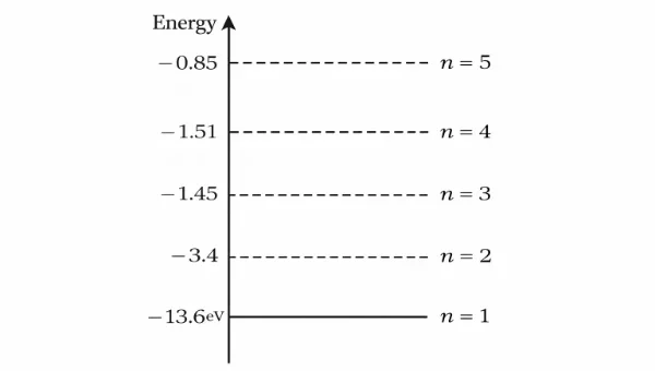 Energy level diagram of the hydrogen atom showing quantised energy levels n=1 to n=5 with decreasing spacing at higher levels
