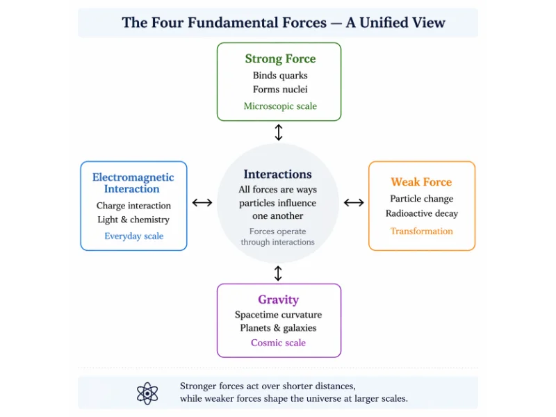 Infographic showing the four fundamental forces of nature—strong, electromagnetic, weak, and gravity—connected through particle interactions