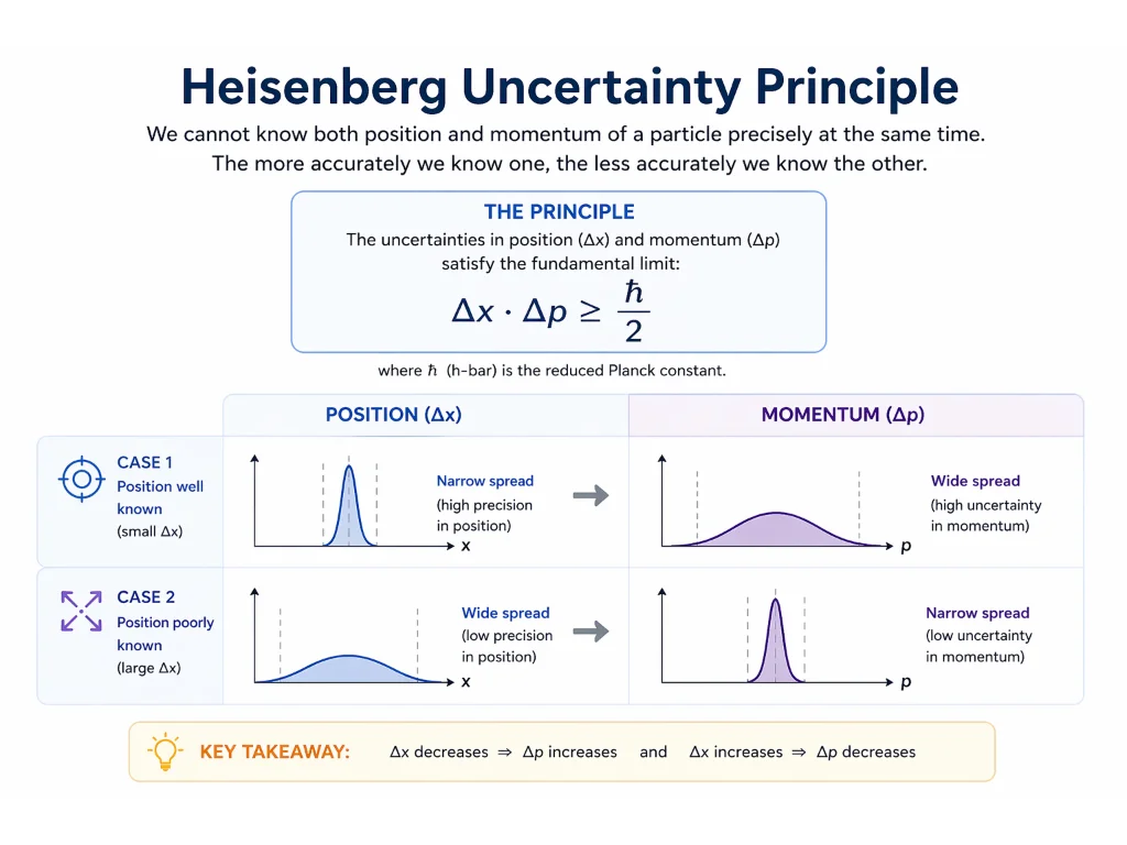 Minimal infographic showing the uncertainty principle with two cases: a narrow position distribution linked to wide momentum spread, and a wide position distribution linked to narrow momentum spread.