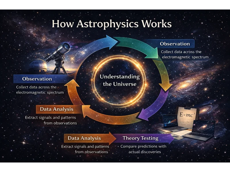 Diagram showing how astrophysics works through a cycle of observation, data analysis, modelling, and theory testing to understand the universe