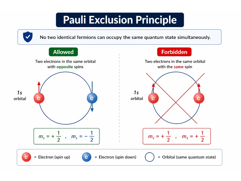 Pauli Exclusion Principle diagram showing two electrons in a 1s orbital with opposite spins allowed and same spins forbidden