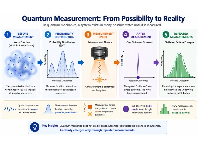 Illustration showing quantum measurement: a wave function with multiple possible states evolves into a probability distribution, followed by a measurement event that produces a single outcome, and repeated measurements forming a statistical pattern.