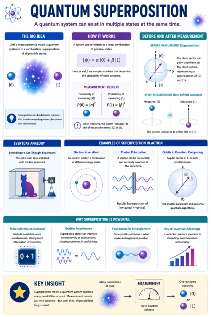 Infographic illustrating quantum superposition: a system exists in multiple states simultaneously, shown with a combination of states, probability amplitudes, and measurement collapsing to a single outcome.