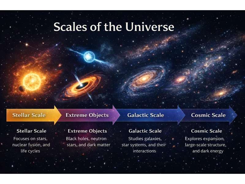 Diagram illustrating the scales of the universe, showing stellar scale, extreme objects such as black holes, galactic scale, and cosmic scale with representative celestial structures