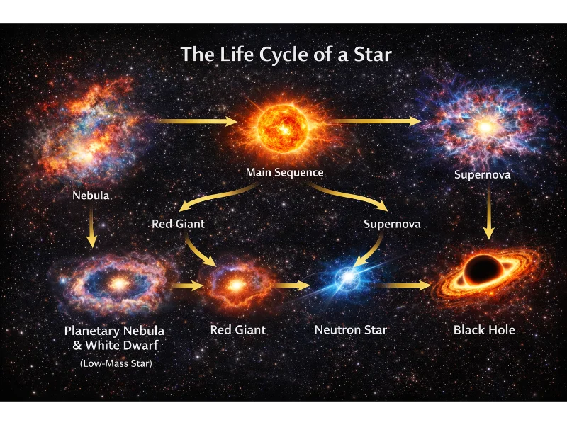 Infographic showing the life cycle of a star from nebula to main sequence, branching into low-mass stars forming white dwarfs and high-mass stars undergoing supernova to become neutron stars or black holes