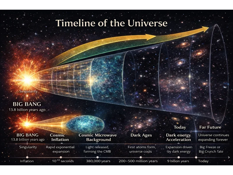 Infographic showing the timeline of the universe from the Big Bang through cosmic inflation, cosmic microwave background, dark ages, galaxy formation, and dark energy-driven expansion