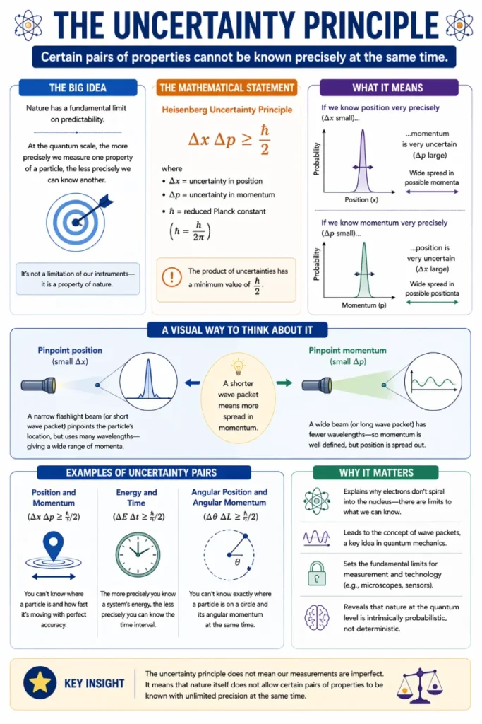 Infographic explaining the uncertainty principle: precise measurement of position leads to uncertainty in momentum and vice versa, illustrated with probability graphs and the relation between Δx and Δp.