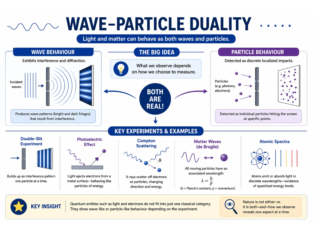 Infographic showing wave–particle duality: light and matter exhibit wave behavior such as interference and diffraction, and particle behavior such as discrete impacts, illustrated through experiments like the double-slit experiment and photoelectric effect.