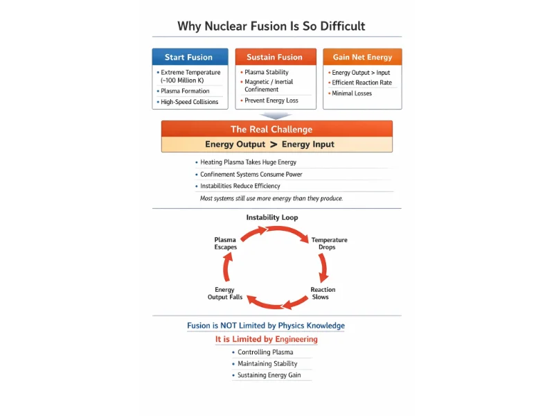 Infographic explaining the challenges of nuclear fusion including extreme conditions, plasma instability, energy balance, and engineering limitations