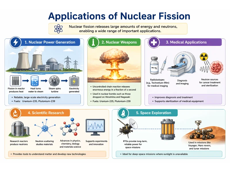 Applications of nuclear fission infographic showing nuclear power generation, weapons, medical uses, scientific research, and space exploration