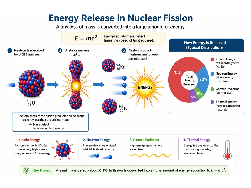 Nuclear fission of uranium-235 producing smaller nuclei, free neutrons, and energy