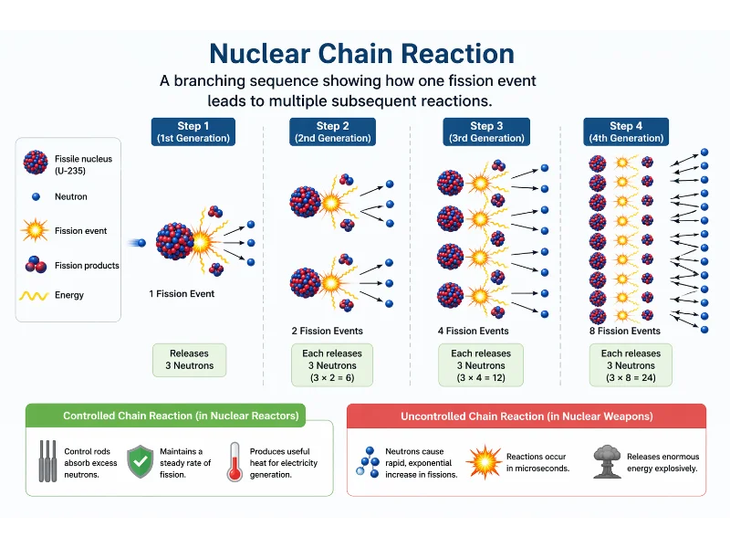 Nuclear chain reaction diagram showing branching fission events where one uranium nucleus splits and releases neutrons that trigger multiple subsequent reactions