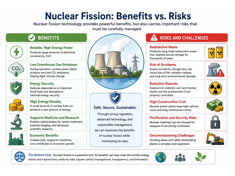 Comparison infographic of nuclear fission showing benefits such as reliable energy and low emissions alongside risks including radioactive waste, accidents, and high costs