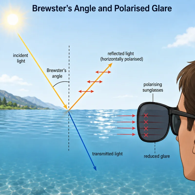 Diagram showing sunlight striking a water surface at Brewster’s angle, with reflected horizontally polarised glare reduced by polarising sunglasses