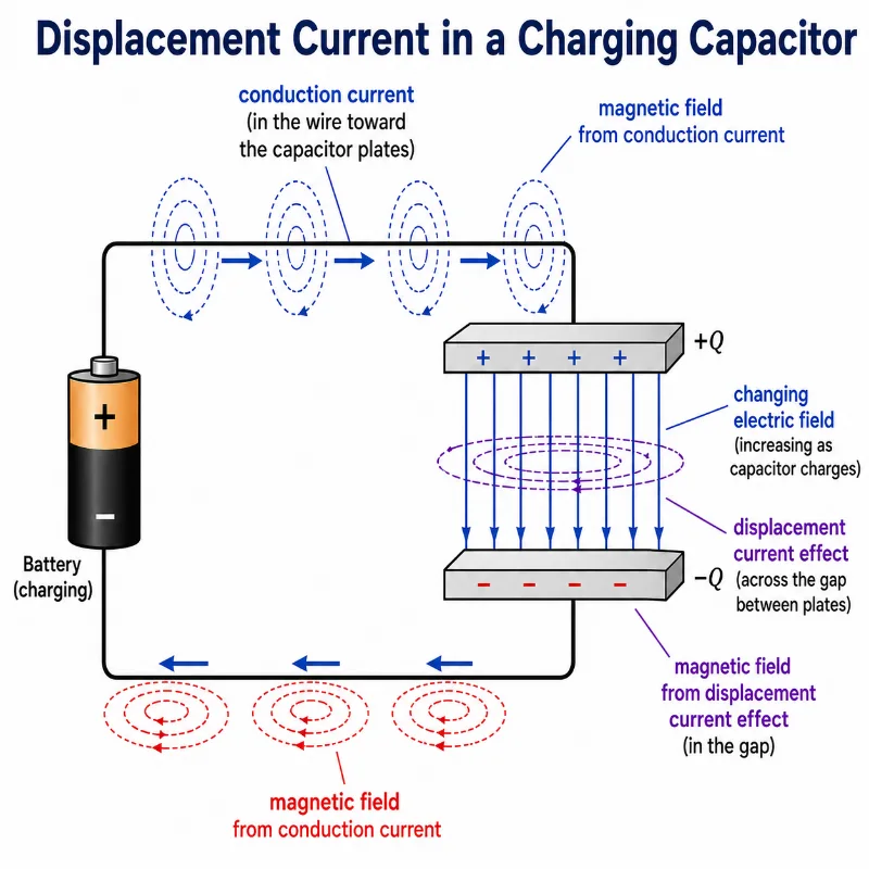 Educational diagram showing a charging capacitor with conduction current in the wires, a changing electric field between the plates, and magnetic field loops caused by the displacement current effect