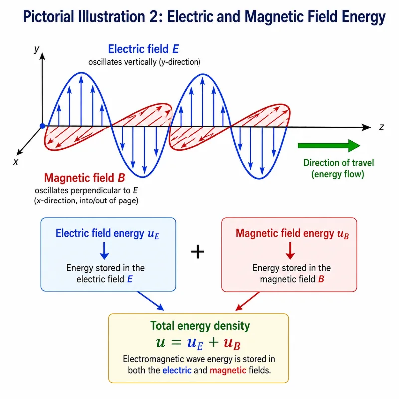 Diagram showing an electromagnetic wave with electric field energy, magnetic field energy, and total energy density equal to electric field energy density plus magnetic field energy density