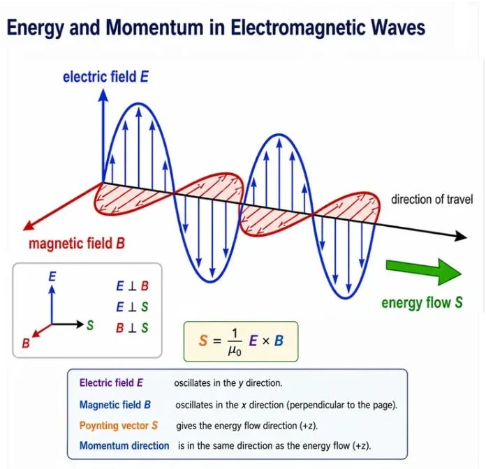 Diagram showing an electromagnetic wave with electric field, magnetic field, direction of travel, energy flow, and the Poynting vector relation, illustrating how electromagnetic waves carry energy and momentum.
