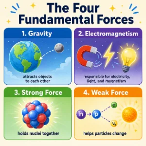 Simple educational illustration showing the four fundamental forces: gravity, electromagnetism, strong force, and weak force, with everyday visual examples.