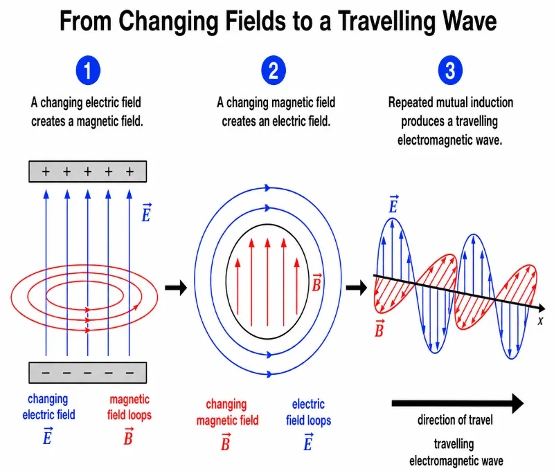 Three-panel conceptual diagram showing a changing electric field producing a magnetic field, a changing magnetic field producing an electric field, and both fields travelling forward as an electromagnetic wave