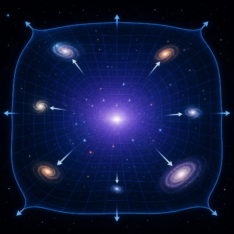 Educational illustration of the expanding universe showing galaxies moving apart as the fabric of space stretches outward from an early bright region.