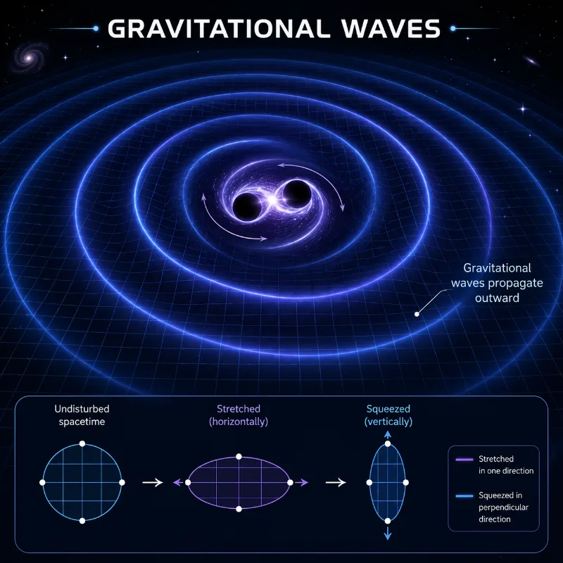 Illustration of two massive objects orbiting and merging in space, producing ripples in spacetime that spread outward as gravitational waves.