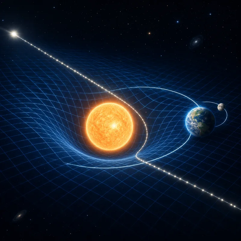 Educational illustration of curved spacetime showing the Sun deforming spacetime, Earth orbiting along a curved path, the Moon orbiting Earth, and a beam of light bending as it passes near the Sun.