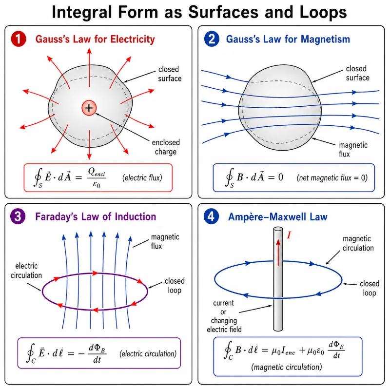 Four-panel educational diagram showing the integral form of Maxwell’s equations using closed surfaces for electric and magnetic flux and closed loops for electric and magnetic circulation
