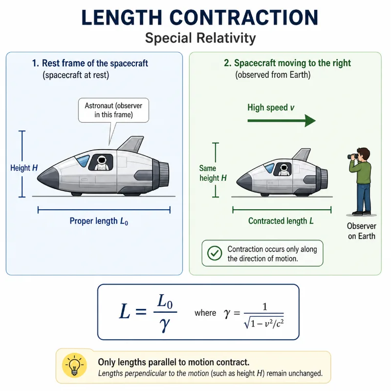 Educational infographic illustrating length contraction in Special Relativity. A spacecraft is shown at rest in its own frame with proper length L₀, and then moving at high speed relative to Earth with contracted length L. The height remains the same, showing that contraction occurs only along the direction of motion.