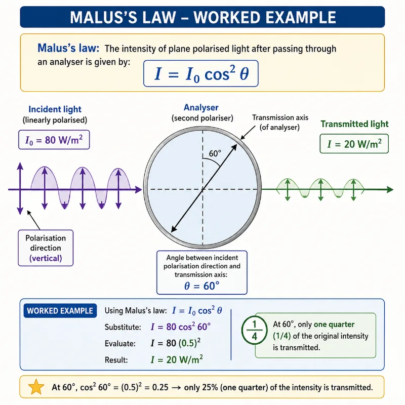 Worked example diagram showing linearly polarised light of intensity 80 watts per square metre passing through an analyser at 60 degrees, with transmitted intensity reduced to 20 watts per square metre