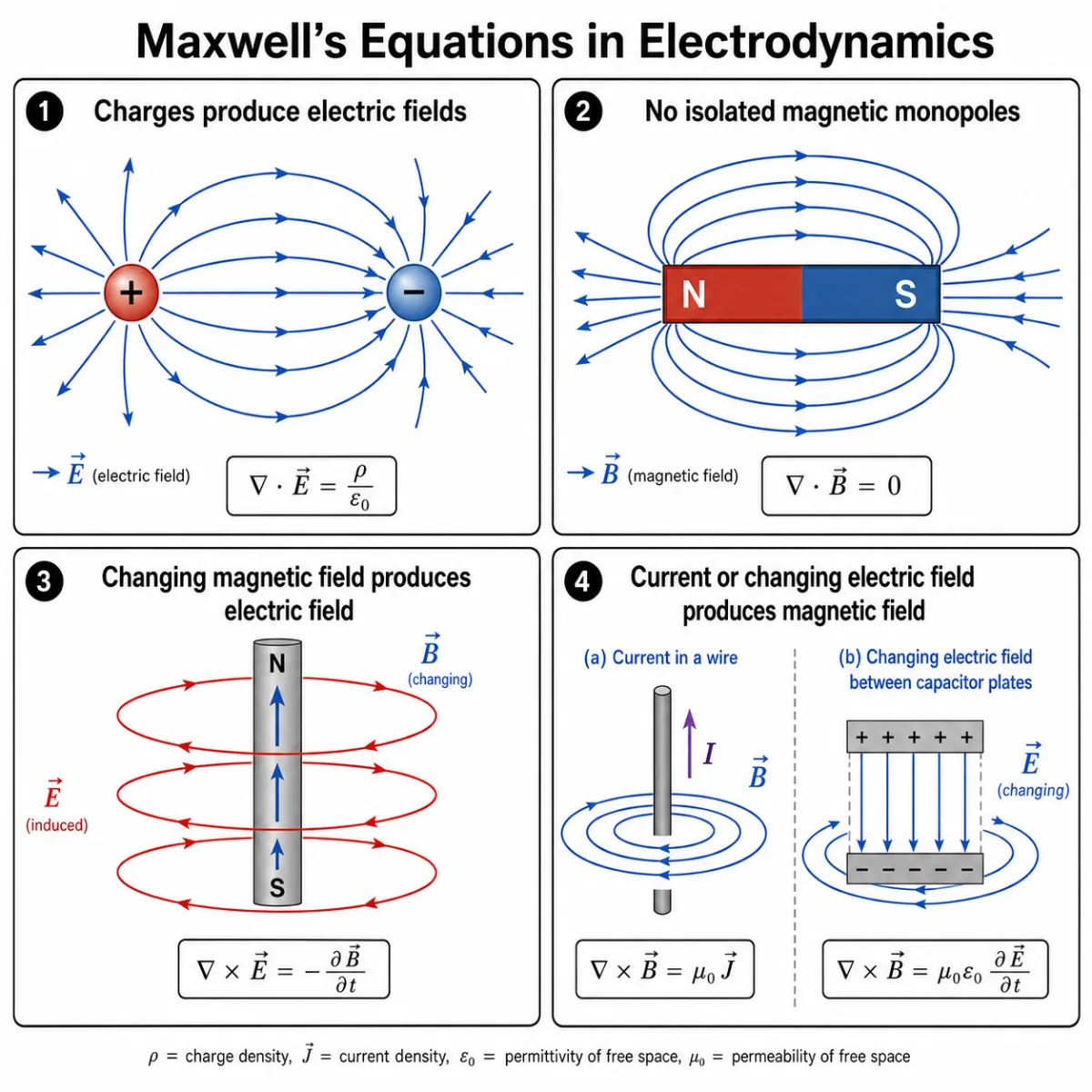 Four-panel educational infographic showing Maxwell’s equations in electrodynamics, including charges producing electric fields, magnetic field lines forming closed loops, changing magnetic fields producing electric fields, and currents or changing electric fields producing magnetic fields