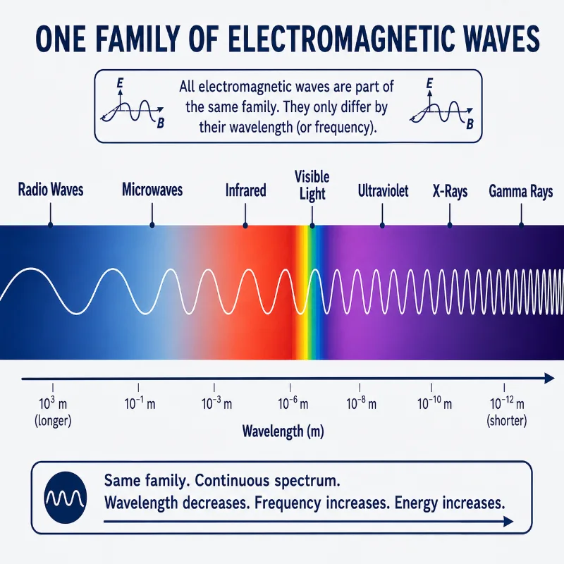 Infographic showing radio waves, microwaves, infrared, visible light, ultraviolet, X-rays, and gamma rays as one continuous electromagnetic spectrum with wavelength decreasing from left to right