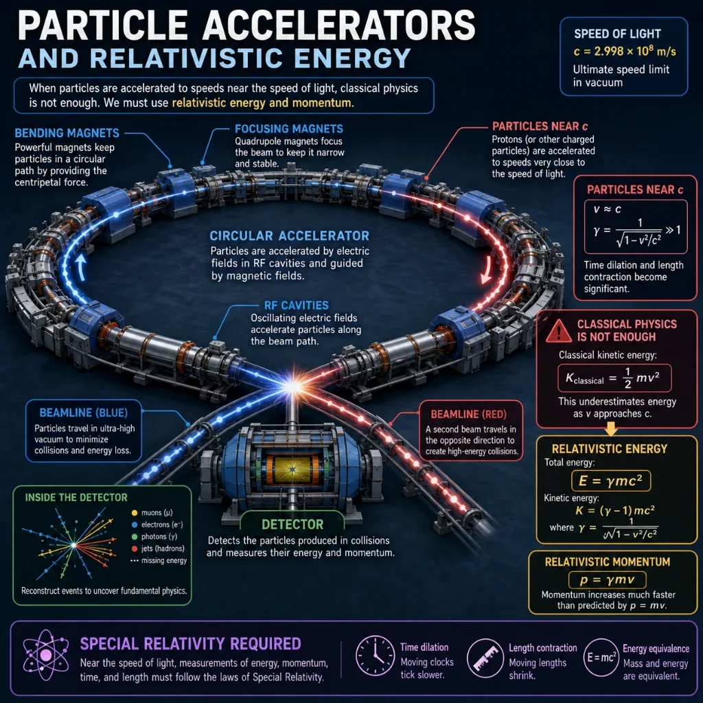 Educational infographic showing a circular particle accelerator with bending magnets, focusing magnets, RF cavities, beamlines, and a detector, explaining why particles moving near the speed of light require relativistic energy and momentum.