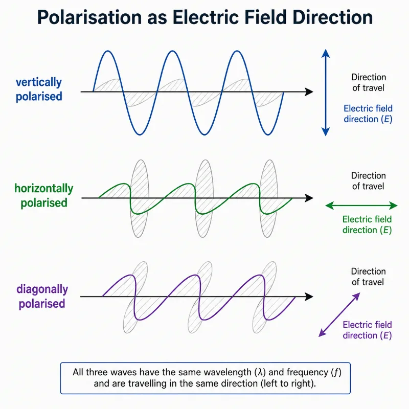 Diagram showing three electromagnetic waves travelling in the same direction with vertical, horizontal, and diagonal electric field directions to illustrate different polarisations
