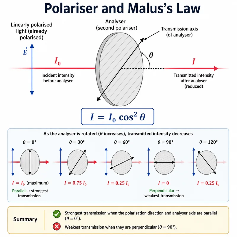 Diagram showing linearly polarised light passing through an analyser at angle theta, with transmitted intensity reduced according to Malus’s law