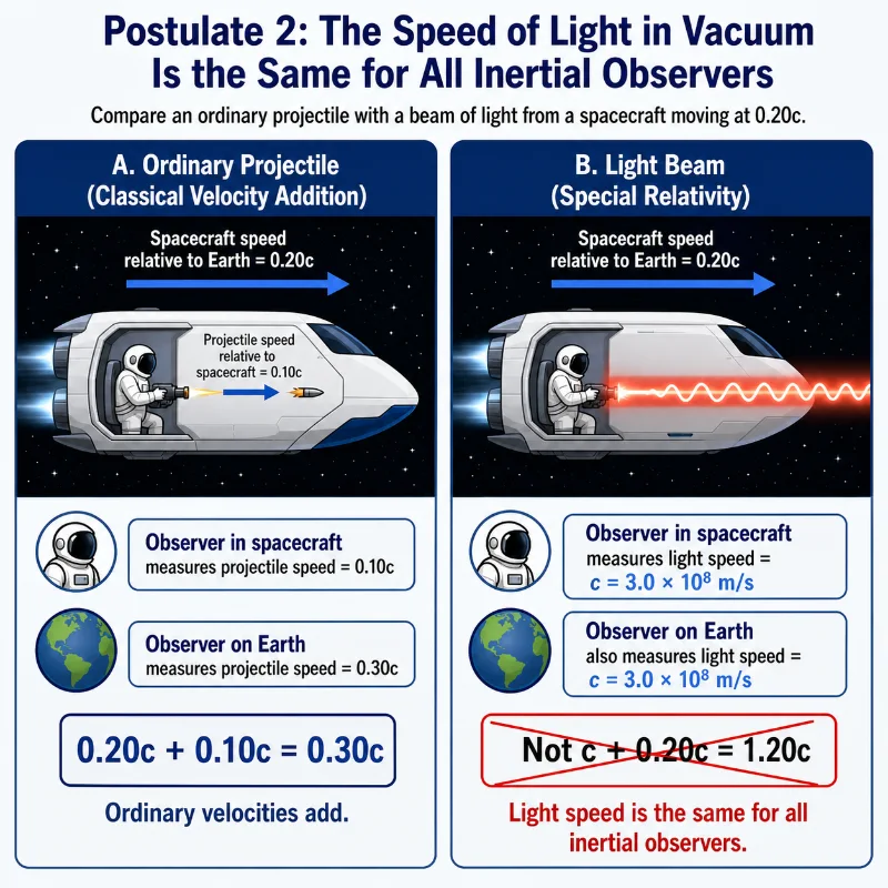 Two-panel educational infographic illustrating Postulate 2 of Special Relativity. The left panel shows a spacecraft moving at 0.20c firing an ordinary projectile at 0.10c relative to the spacecraft, so an observer on Earth measures the projectile speed as 0.30c. The right panel shows the same spacecraft firing a laser beam, with both the spacecraft observer and the Earth observer measuring the light speed as 3.0 × 10^8 m/s, not 1.20c.